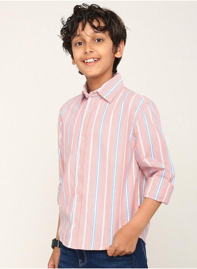 Bonkids - Boy's shirts in regular fit pink colour cotton fabric embellished pattern pull over closure woven weave type round collar type round neckline half sleeve length button down upper body wear type suitable for casual occasions – fashion-forward flair for playful moments. - Image 1
