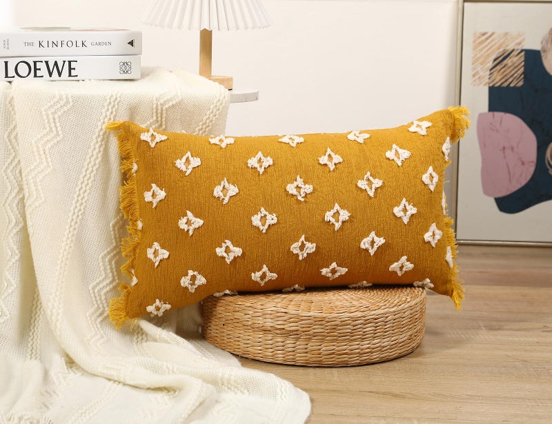 DRNOU Boho Long Lumbar Pillow Cover 14x26 with Tassel 3D Flower Patterned Cotton Decorative Long Lumbar Pillow Cover Pillow Case for Sofa Couch Bed Livingroom Farmhouse Yellow - Image 2