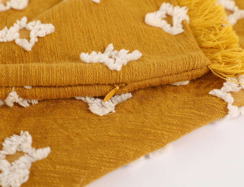 DRNOU Boho Long Lumbar Pillow Cover 14x26 with Tassel 3D Flower Patterned Cotton Decorative Long Lumbar Pillow Cover Pillow Case for Sofa Couch Bed Livingroom Farmhouse Yellow - Image 4