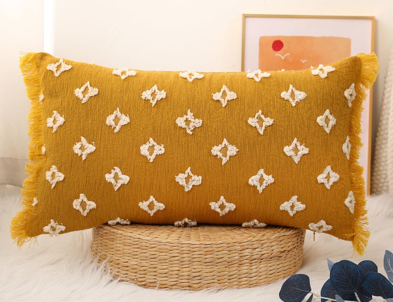 DRNOU Boho Long Lumbar Pillow Cover 14x26 with Tassel 3D Flower Patterned Cotton Decorative Long Lumbar Pillow Cover Pillow Case for Sofa Couch Bed Livingroom Farmhouse Yellow - Image 1