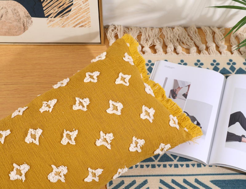 DRNOU Boho Long Lumbar Pillow Cover 14x26 with Tassel 3D Flower Patterned Cotton Decorative Long Lumbar Pillow Cover Pillow Case for Sofa Couch Bed Livingroom Farmhouse Yellow - Image 3