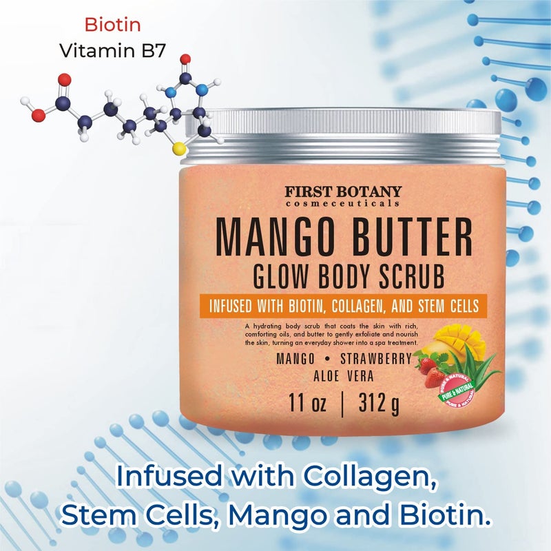 First Botany Mango Butter Body Scrub Exfoliator Biotin, Collagen, Stem Cells - Natural Exfoliating Salt Scrub & Body and Face Souffle helps with Moisturizing Skin, Acne, Cellulite, Dead Skin Scars, Wrinkles- 11 oz - Image 2