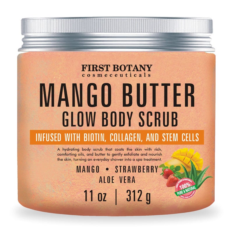 First Botany Mango Butter Body Scrub Exfoliator Biotin, Collagen, Stem Cells - Natural Exfoliating Salt Scrub & Body and Face Souffle helps with Moisturizing Skin, Acne, Cellulite, Dead Skin Scars, Wrinkles- 11 oz - Image 1