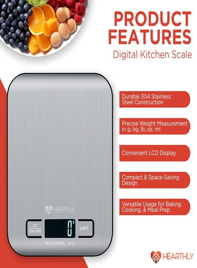 HEARTHLY Food Scale| Digital Kitchen Scale for Cooking and Baking, Batteries Included, Weighs up to 22 pounds, Kitchen Scales Digital Weight Grams and Ounces, 304 Stainless Steel - Silver Grey - Image 4