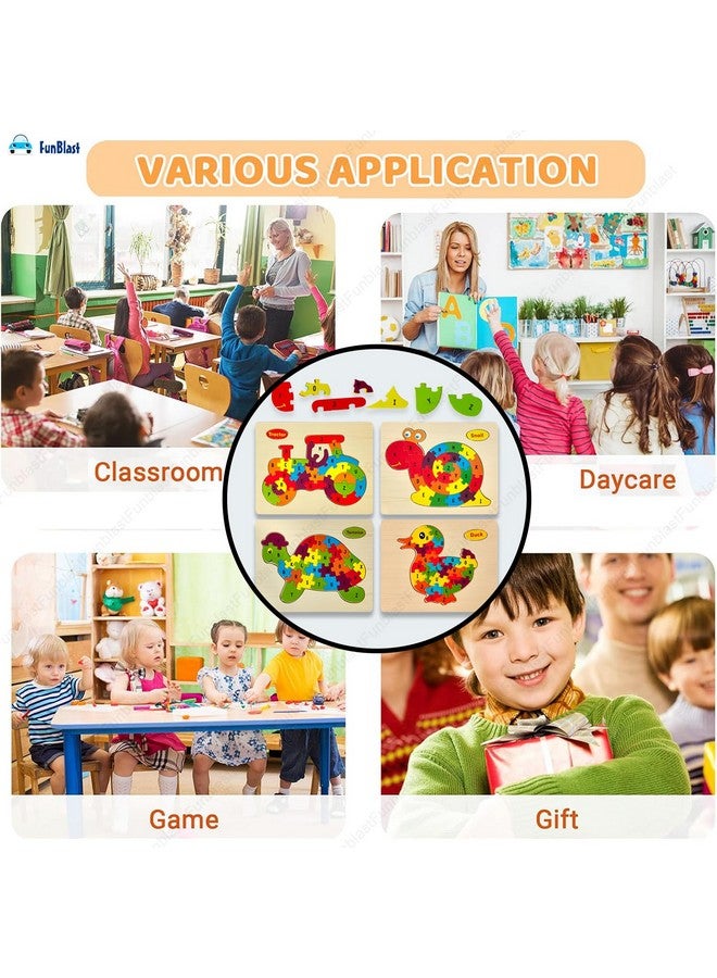FunBlast Puzzle for Kids - Set of 4 Cartoon Design 3D Wooden Jigsaw Puzzle for Kids, ABC Puzzle for Kids, Preschool Toys for Kids, Educational & Learning Toys for Kids - Multicolor