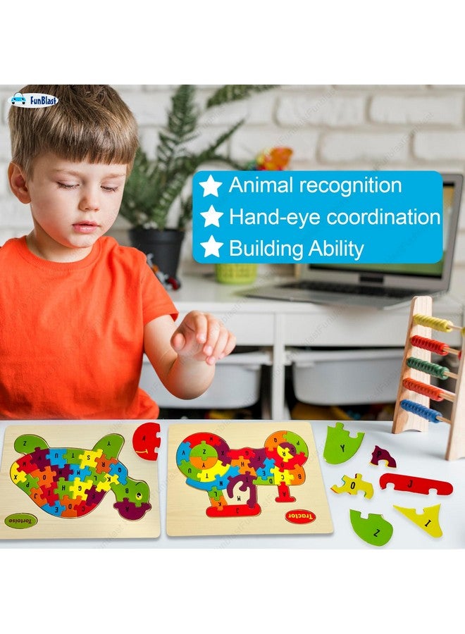 FunBlast Puzzle for Kids - Set of 4 Cartoon Design 3D Wooden Jigsaw Puzzle for Kids, ABC Puzzle for Kids, Preschool Toys for Kids, Educational & Learning Toys for Kids - Multicolor