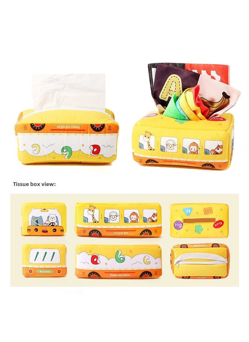 Baby Educational Teether Cloth Book Toy Bus napkin box (with 8 flannelette +2 ringing paper + zipper + elastic band) 