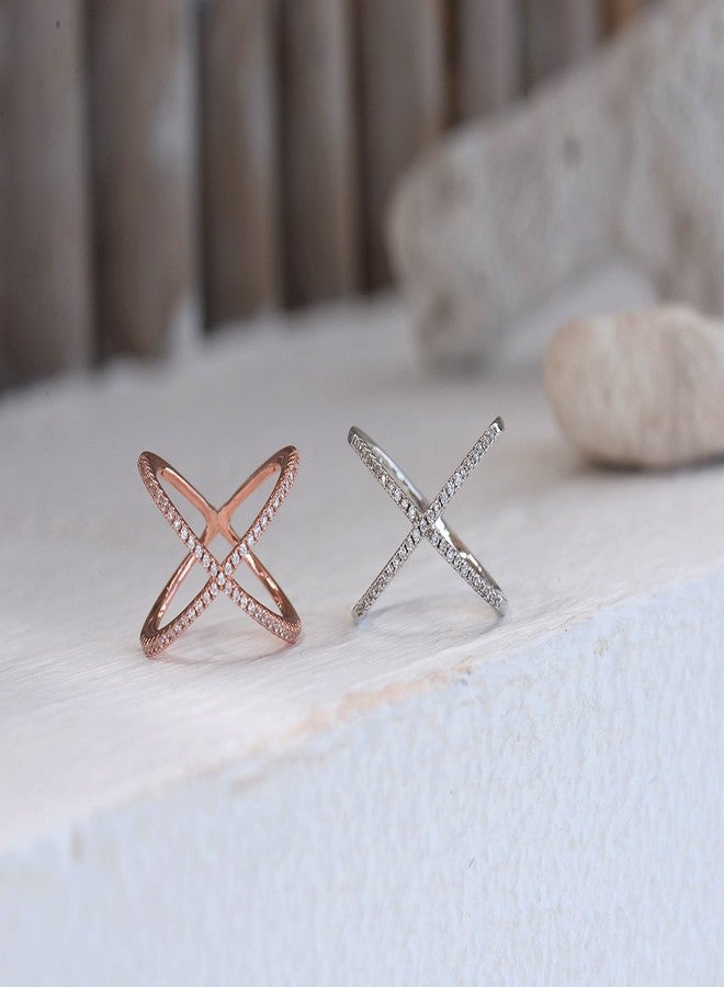 LEMON GRASS Womens Criss Cross Ring X Ring Micropave CZ Inlay in Silver Rhodium Plating Size 8 - Image 5