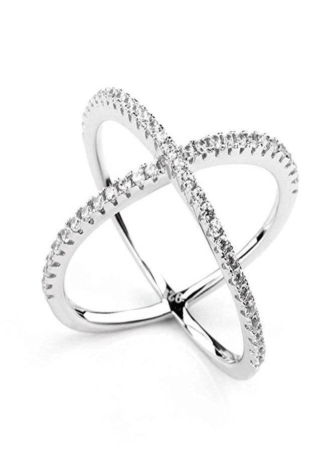 LEMON GRASS Womens Criss Cross Ring X Ring Micropave CZ Inlay in Silver Rhodium Plating Size 8 - Image 1