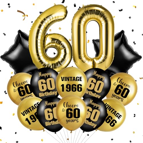 TagreSpike زينة عيد الميلاد الستين للرجال والنساء عتيقة 1966 بالونات عيد الميلاد الستين مع رقم 60 ذهبي بحجم 32 بوصة بالون نجمة سوداء بالون فويل أسود ذهبي لعيد الميلاد الستين هدايا له أو لها - Image 1
