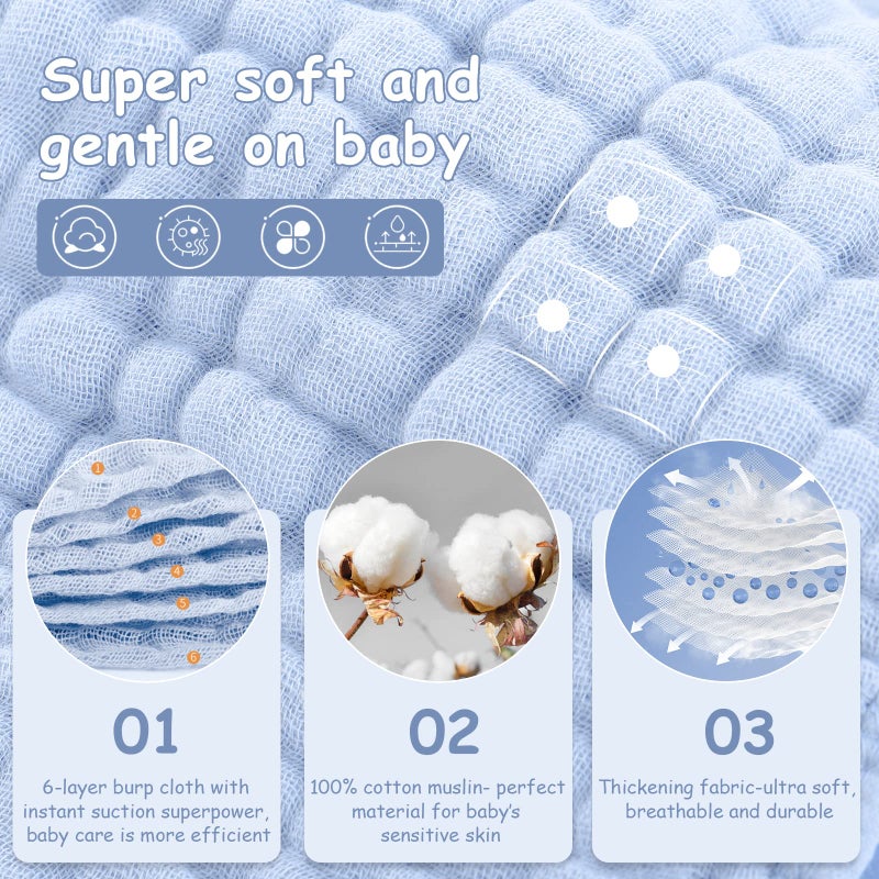 Looxii Muslin Burp Cloths 100% Cotton Muslin Cloths Large 20''x10'' Extra Soft and Absorbent 6 Pack Baby Burping Cloth for Boys and Girls (Blue) - Image 3