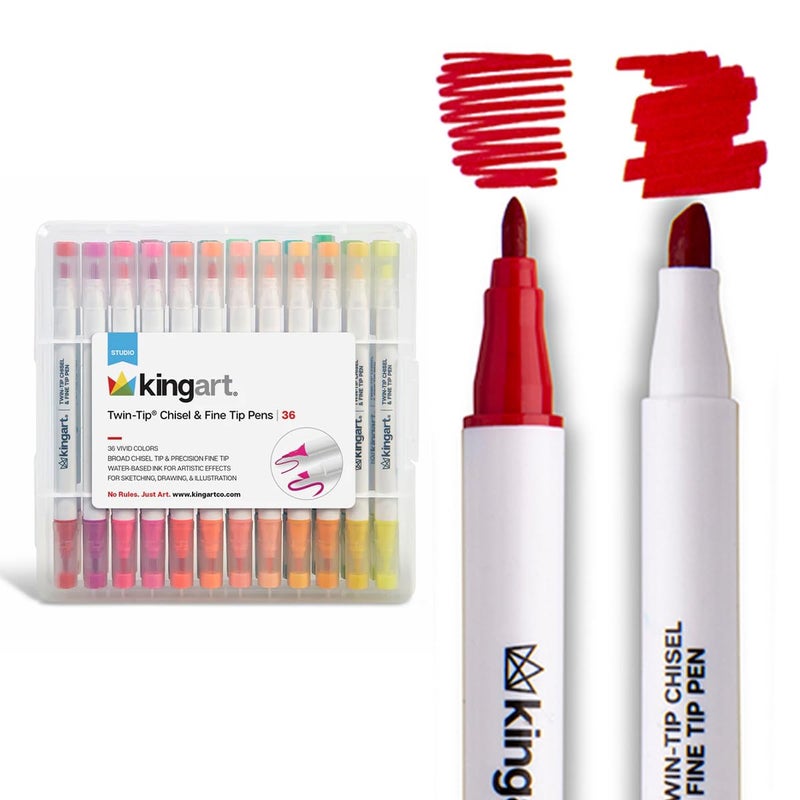 KINGART Chisel Fine TravelStorage Case Dual Tip Markers Assorted 36 Piece