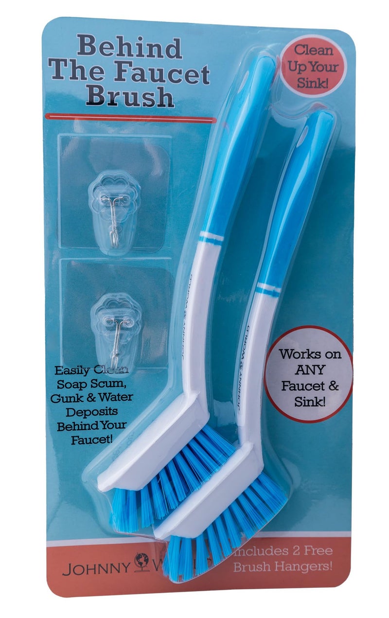 The Behind The Faucet Brush Clean Hard to Reach Areas in Your Kitchen and Bathroom Easily Clean Water and soap Residue Around The Sink Two Pack Includes Hanging Hooks for Storage Under The Sink