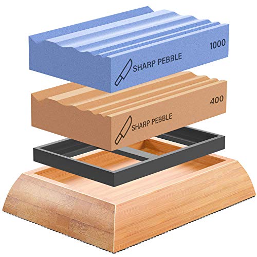 Sharp Pebble Sharpening Stones for Wood Carving Tools-Two Whetstones Grit 400 & 1000 Gouge Sharpener- Waterstone Sharpening System for Wood Carving Knives & Chisels with Non-Slip Bamboo Base - Image 1