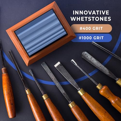 Sharp Pebble Sharpening Stones for Wood Carving Tools-Two Whetstones Grit 400 & 1000 Gouge Sharpener- Waterstone Sharpening System for Wood Carving Knives & Chisels with Non-Slip Bamboo Base - Image 4