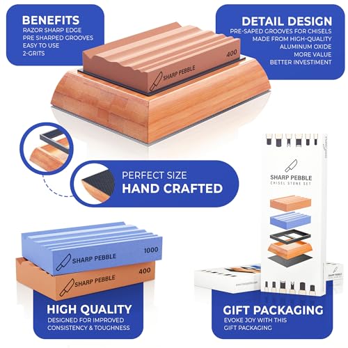 Sharp Pebble Sharpening Stones for Wood Carving Tools-Two Whetstones Grit 400 & 1000 Gouge Sharpener- Waterstone Sharpening System for Wood Carving Knives & Chisels with Non-Slip Bamboo Base - Image 2