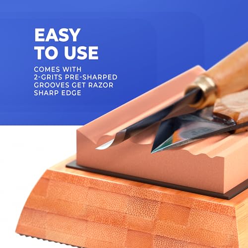 Sharp Pebble Sharpening Stones for Wood Carving Tools-Two Whetstones Grit 400 & 1000 Gouge Sharpener- Waterstone Sharpening System for Wood Carving Knives & Chisels with Non-Slip Bamboo Base - Image 3