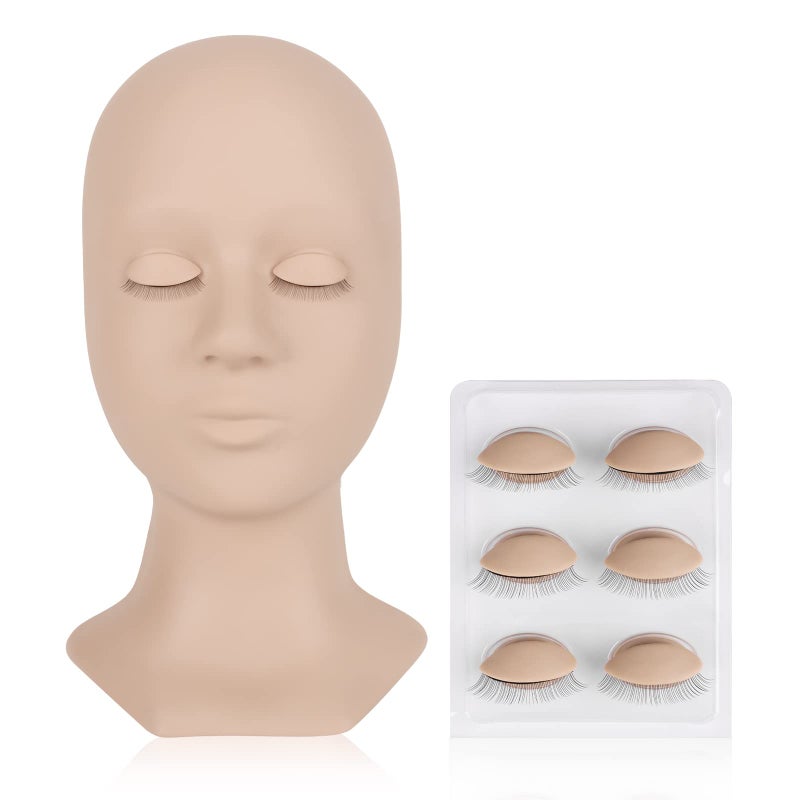 LASHVIEW Lash Mannequin Head , with 4 Pairs Replaced Eyelids Practice, Makeup Soft-Touch Rubber, Natural Skin Color - Image 1