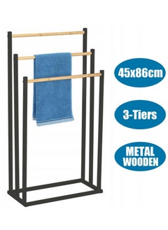 XiuWoo 3-Tier Large Capacity Freestanding Metal Wood Folding Towel Rack, Anti-rust Coating Metal Ladder Towel Holder, Drying Stand, Bathroom Bath Organizer Rack with Wood Handle for Space Saving  - Image 5