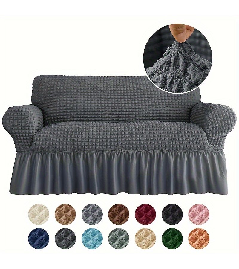 Stretch Bubble Yarn Bubble Check Skirt Sofa Cover Armrest Cover Single Seat 7 Black - Image 1
