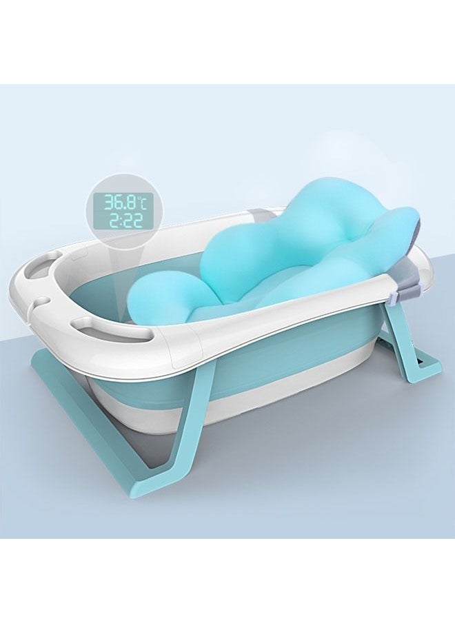 Arabest Baby Bath Tub, Non-Slip Foldable Children Lying Bathtub Shower Sink with Heat Thermometers and Floating Bath Pillow for Newborn, 0-8 Years Children-Blue with pillow  - Image 1