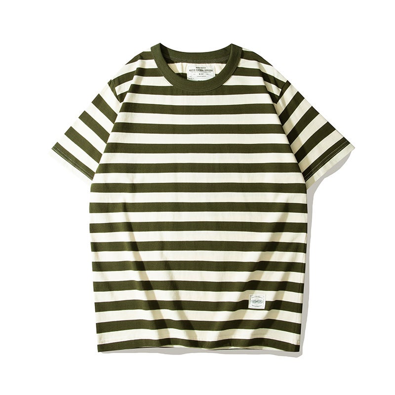 Okonkwo Ami Khaki 230G Thick Heavy Round Neck T-Shirt Sea Soul Shirt Retro Stripesd Short-Sleeved T-Shirt - Image 1