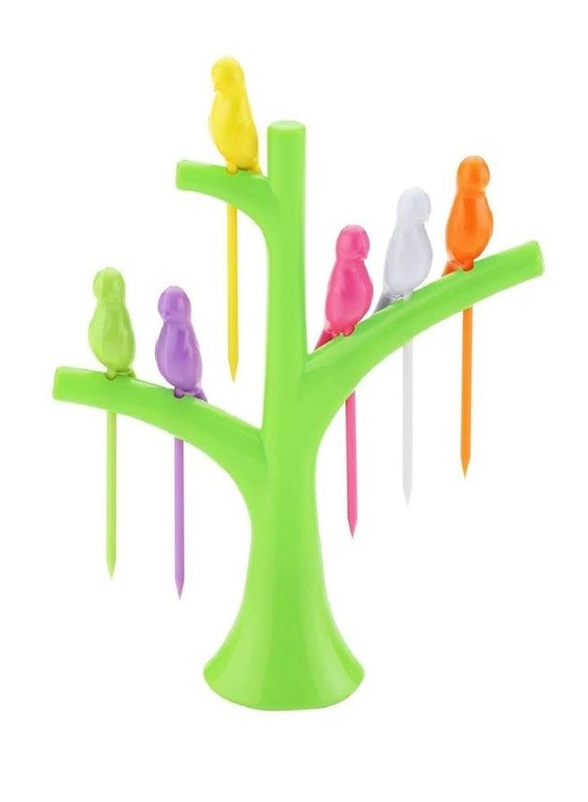 NPRC Bird on Tree Fruit Fork Set, Multicolour, Plastic, with Stand, Set of 6 - Image 1