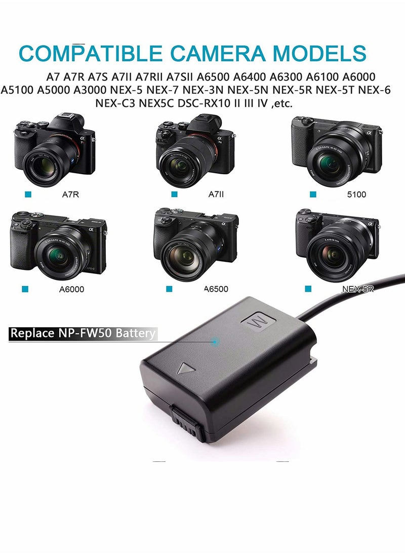 SYOSI - DC Coupler Replacement for NP-FW50 Dummy Battery Power Adapter with USB Cable A7 A7R A7S A7SII A6500 A6300 A6100 A6000 NEX5 DSC-RX10 II III IV - Image 1