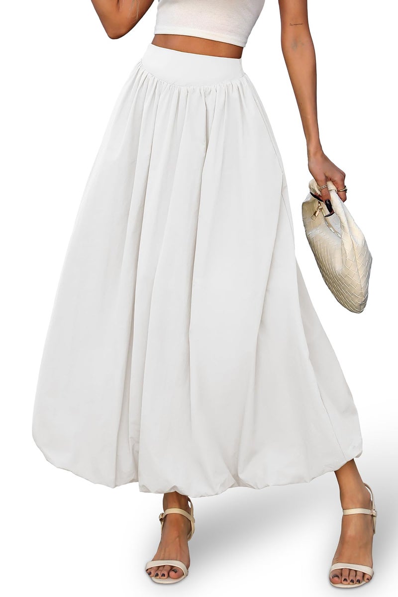 ELLEVEN Womens Bubble Maxi Long Skirt with Pockets Flowy Puffy Hem Elastic Waist Casual Lightweight Balloon Skirt Y2k Elegant Ruffle A-Line Classic Skirt Spring Summer 2026 White Medium - Image 1