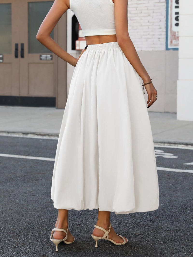 ELLEVEN Womens Bubble Maxi Long Skirt with Pockets Flowy Puffy Hem Elastic Waist Casual Lightweight Balloon Skirt Y2k Elegant Ruffle A-Line Classic Skirt Spring Summer 2026 White Medium - Image 3