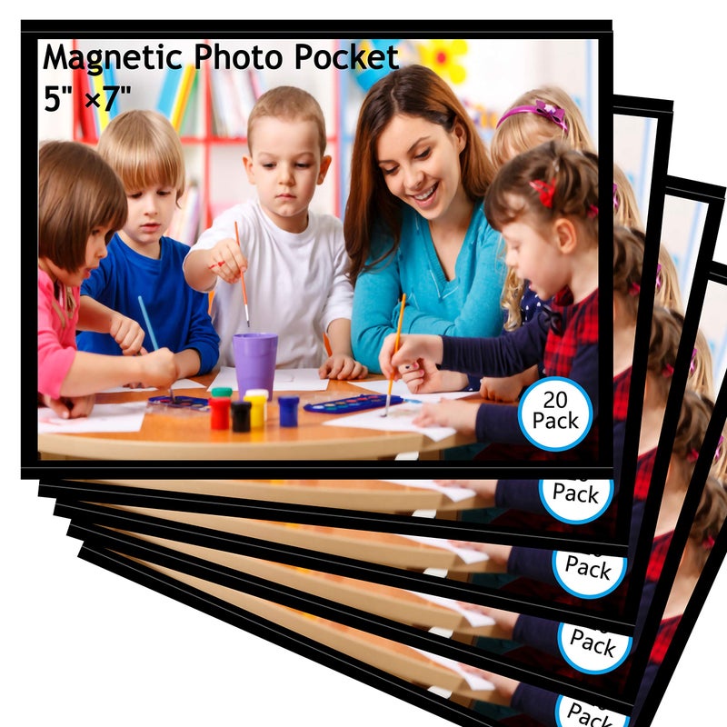 Mositear 20 Pack 5""x7"" Premium Magnetic Picture Pockets Frames with Black Holds 5 x 7 inches Photo for Refrigerator - Image 1