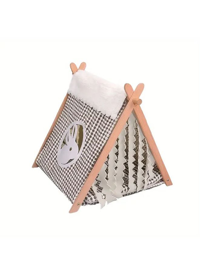 Coffee Color Foldable Wooden Tent With Privacy Curtain For Small Animal Hiding Rest House - Image 5