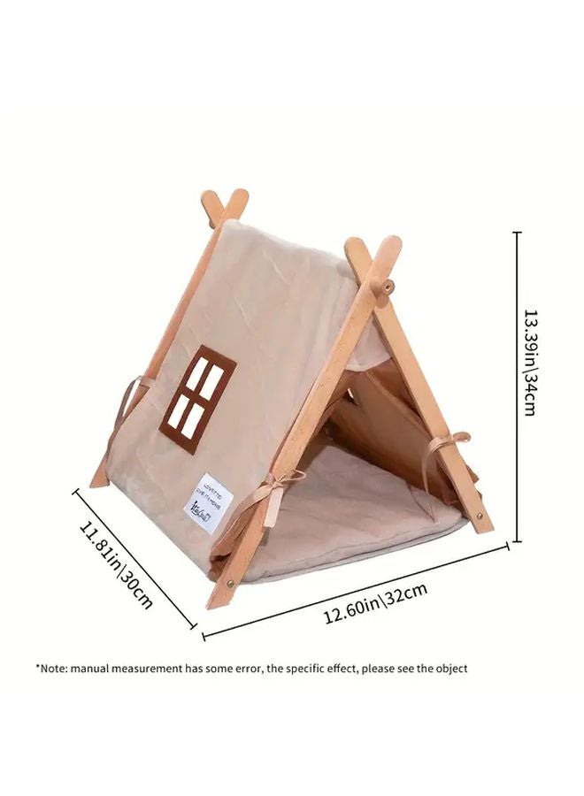 Coffee Color Foldable Wooden Tent With Privacy Curtain For Small Animal Hiding Rest House - Image 3