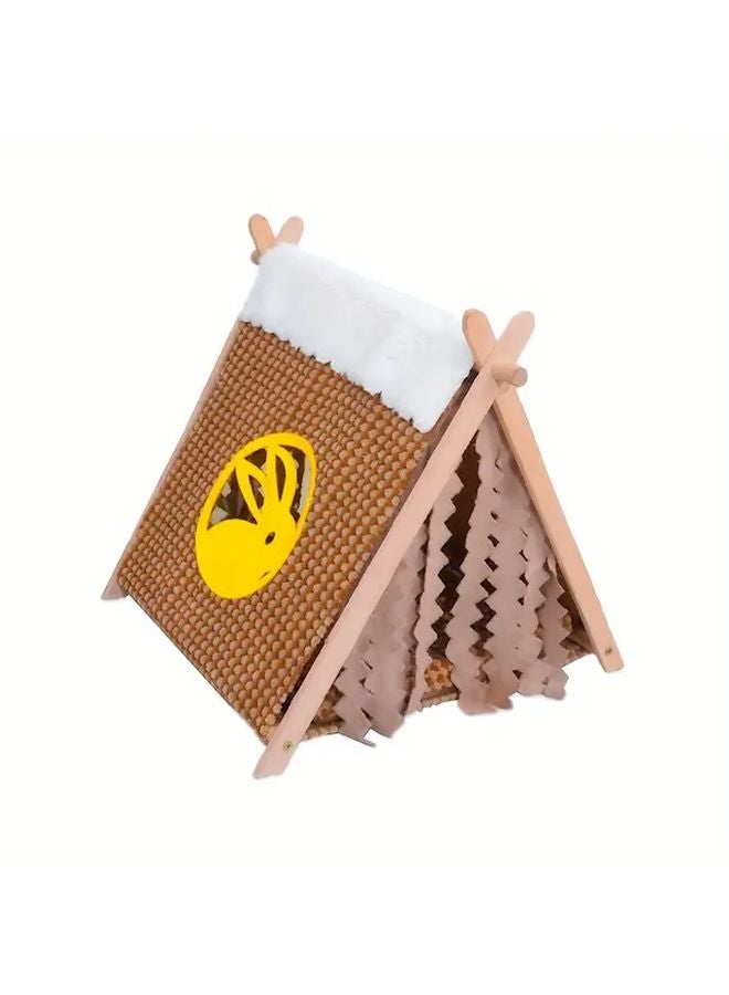 Coffee Color Foldable Wooden Tent With Privacy Curtain For Small Animal Hiding Rest House - Image 4