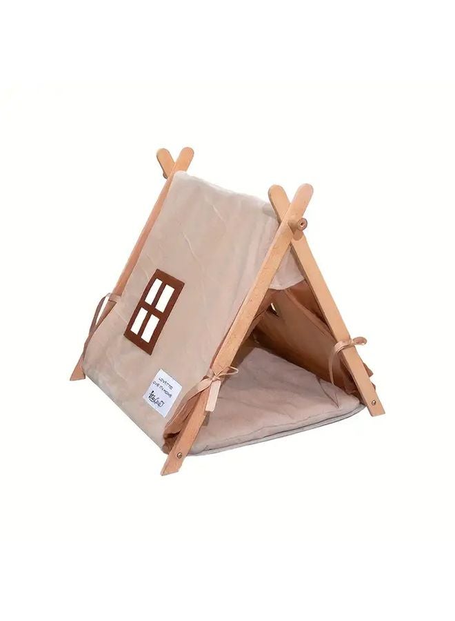 Coffee Color Foldable Wooden Tent With Privacy Curtain For Small Animal Hiding Rest House - Image 2