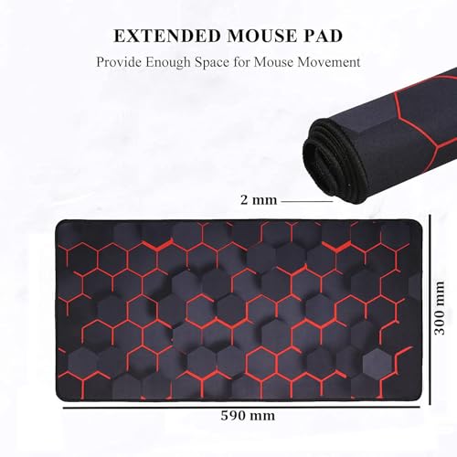 INOVERA Anti-Slip Extended Hexagons Pattern Desk Mat Gaming Rubber Stitched Mouse Pad for Laptop and Computer, 590L x 300B mm (Black, Red) - Image 2