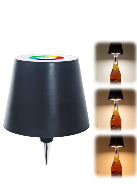 Wireless Bottle Lamp, 2024 New 3 Color Stepless Dimming Rechargeable Wine Bottle Light, Touch LED with RGB Breathing Light, Portable Cordless Lamp for Bars and Restaurants, Black (1PC)