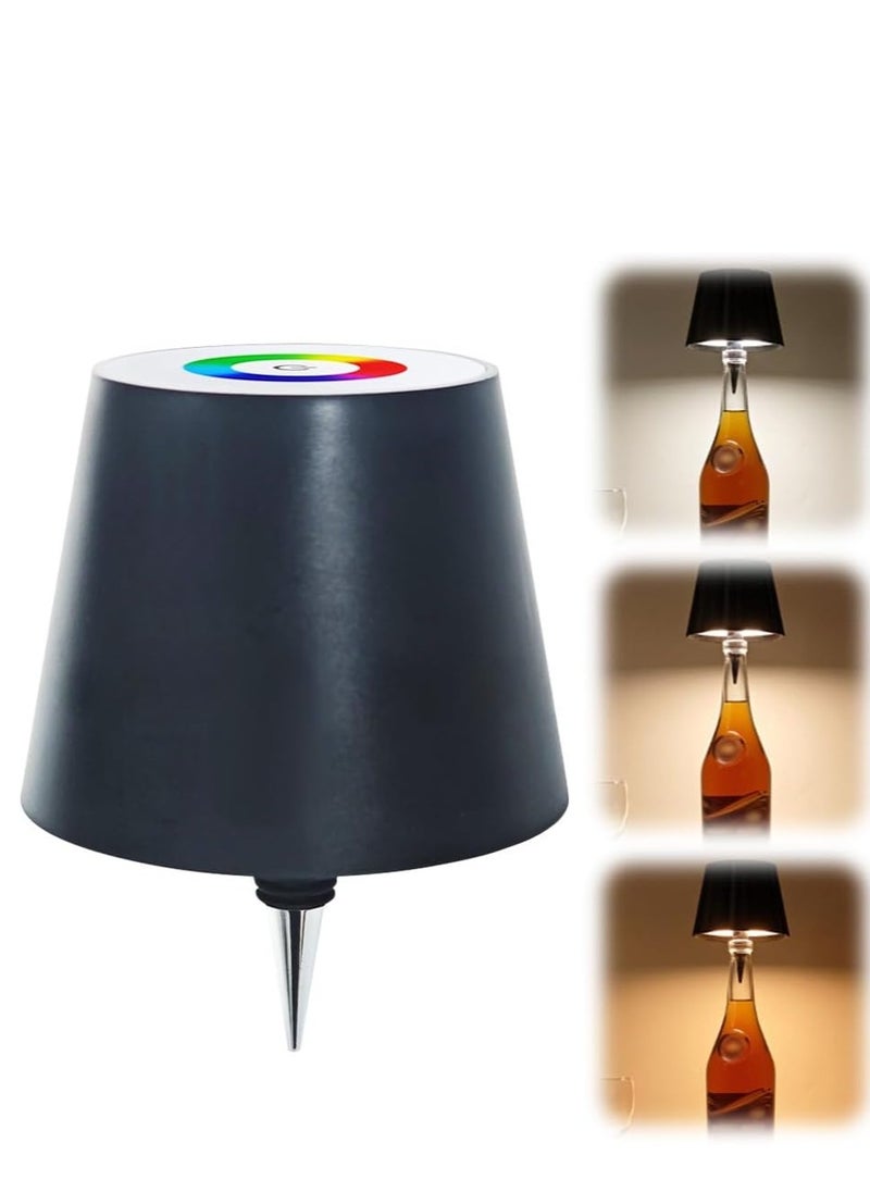 Excefore - Wireless Bottle Lamp, 2024 New 3 Color Stepless Dimming Rechargeable Wine Bottle Light, Touch LED with RGB Breathing Light, Portable Cordless Lamp for Bars and Restaurants, Black (1PC) - Image 1