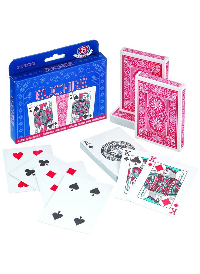 Brybelly - Euchre Card Game - 2 Specialty Decks Pre-Stripped To 33 Cards For Classic American Euchre Or 32 Card 6-Player Variant - Custom Bower Jacks Card Art And Blank Counter Cards Included - Image 1