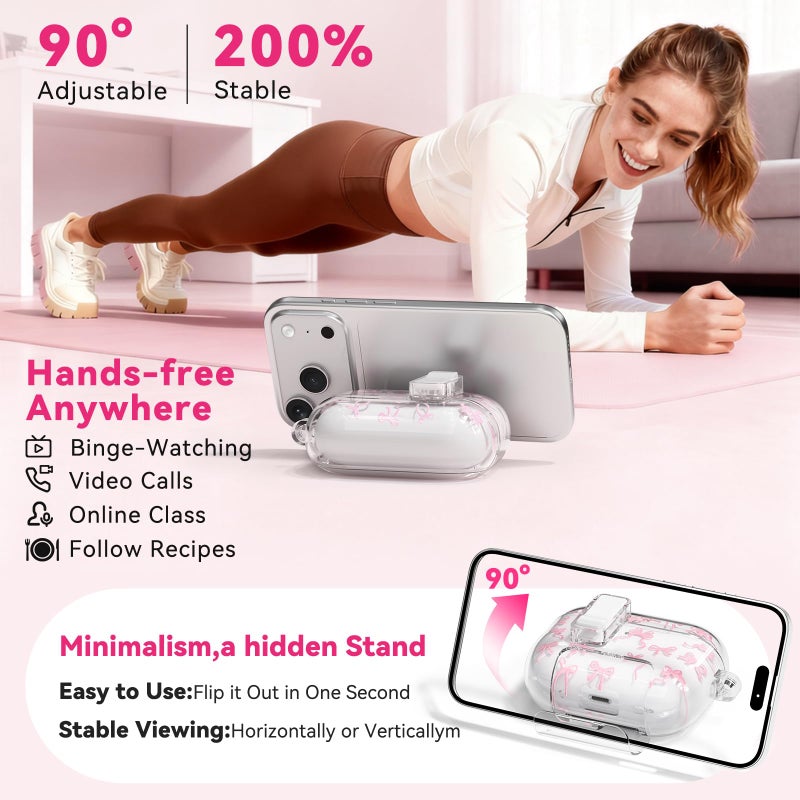 Ekoonpft for AirPods Pro 3 Case Cute, Bow-Print Clear Case with Safety Lock & Phone Stand, Auto-Open Lid for Apple AirPods Pro 3rd Generation 2025 Cover with Cleaner Keychain for Women Girly, Pink - Image 3