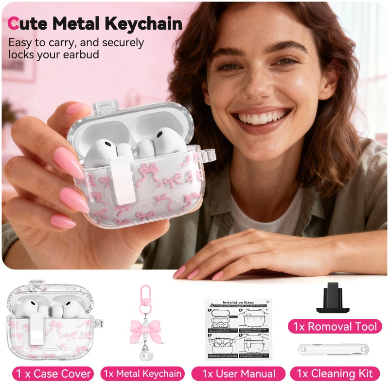 Ekoonpft for AirPods Pro 3 Case Cute, Bow-Print Clear Case with Safety Lock & Phone Stand, Auto-Open Lid for Apple AirPods Pro 3rd Generation 2025 Cover with Cleaner Keychain for Women Girly, Pink - Image 5
