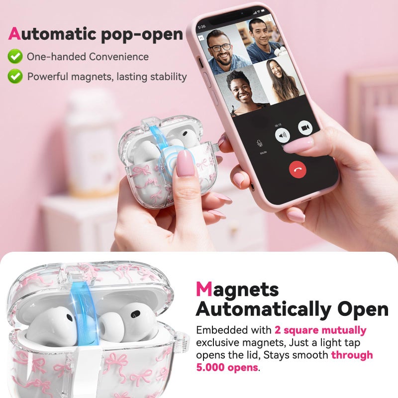 Ekoonpft for AirPods Pro 3 Case Cute, Bow-Print Clear Case with Safety Lock & Phone Stand, Auto-Open Lid for Apple AirPods Pro 3rd Generation 2025 Cover with Cleaner Keychain for Women Girly, Pink - Image 2