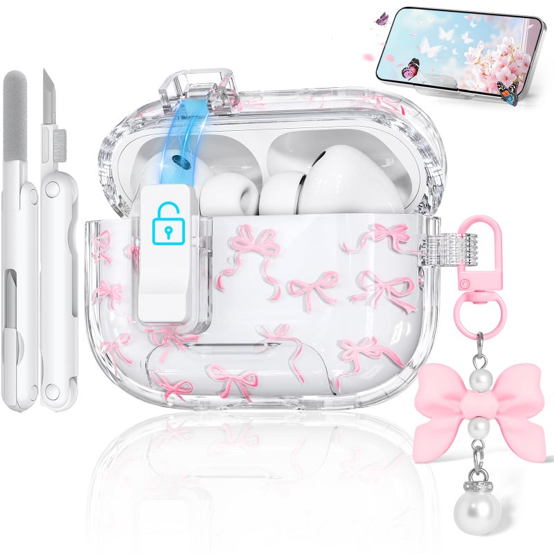 Ekoonpft for AirPods Pro 3 Case Cute, Bow-Print Clear Case with Safety Lock & Phone Stand, Auto-Open Lid for Apple AirPods Pro 3rd Generation 2025 Cover with Cleaner Keychain for Women Girly, Pink - Image 1
