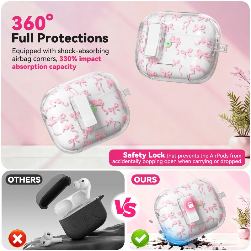 Ekoonpft for AirPods Pro 3 Case Cute, Bow-Print Clear Case with Safety Lock & Phone Stand, Auto-Open Lid for Apple AirPods Pro 3rd Generation 2025 Cover with Cleaner Keychain for Women Girly, Pink - Image 4