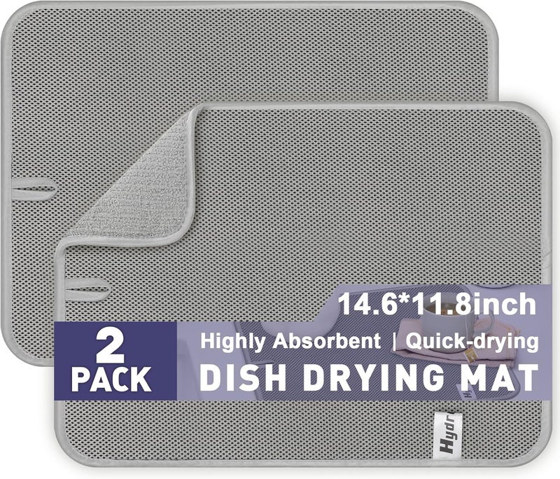Hydro2Go 2 Pack Microfiber Dish Drying Mat, Ultra Absorbent Dish Mat Drying Kitchen Mat, Kitchen Accessories, 14.5*11.8 Dish Drying Pad for Countertops, Draining Racks, Sinks (Gray) - Image 1