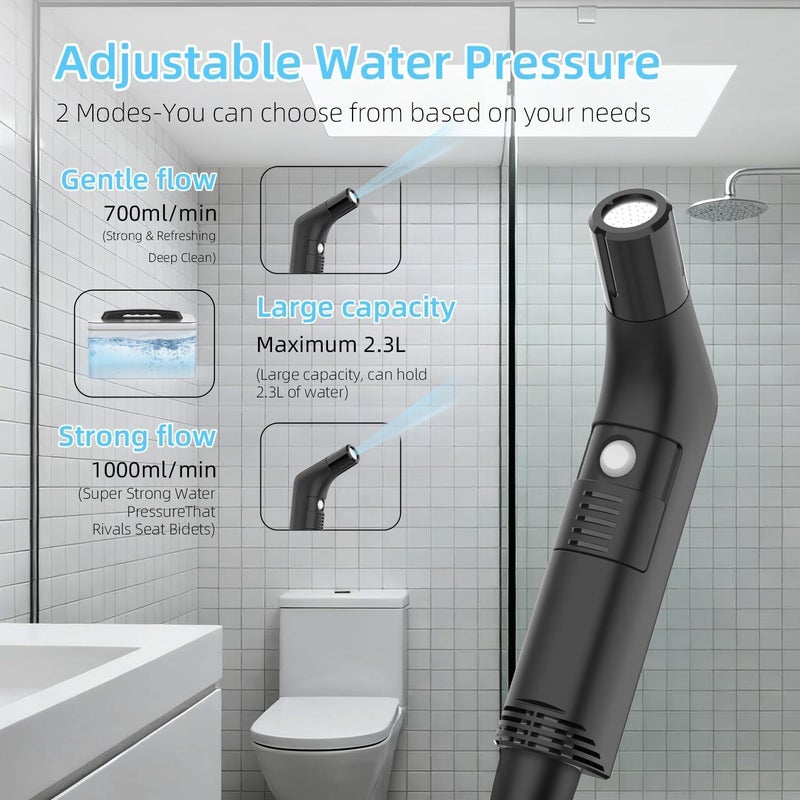 TELANPU Portable Electric Shattaf with 1.2m Hose and 2.3L Container - Rechargeable, Compact, and Versatile Personal Hygiene Solution for Travel, Home, Baby Care, Camping, and More (Black)… - Image 5