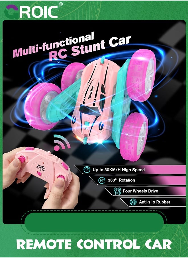 GROIC RC Cars, Pink Remote Control Car,2.4 GHZ Double Sided RC Stunt Car 360° Rotating Remote Control Crawler with Headlights Car Toys,Off-Road Stunt Toy Car for Kids  - Image 3