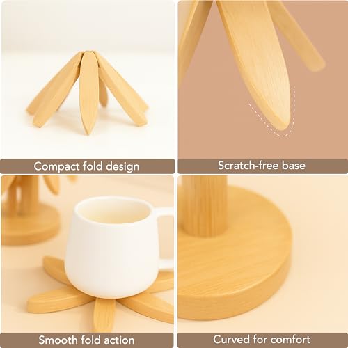 Soko 5 in 1 Bamboo Coaster Collapsible Set | Multipurpose Heat-Resistant Wooden Trivet for Hot Bowl, Pan, Cup, Pot Holder | Space-Saving Foldable Stand for Kitchen, Dinning Counter Organizer - Natural - Image 4