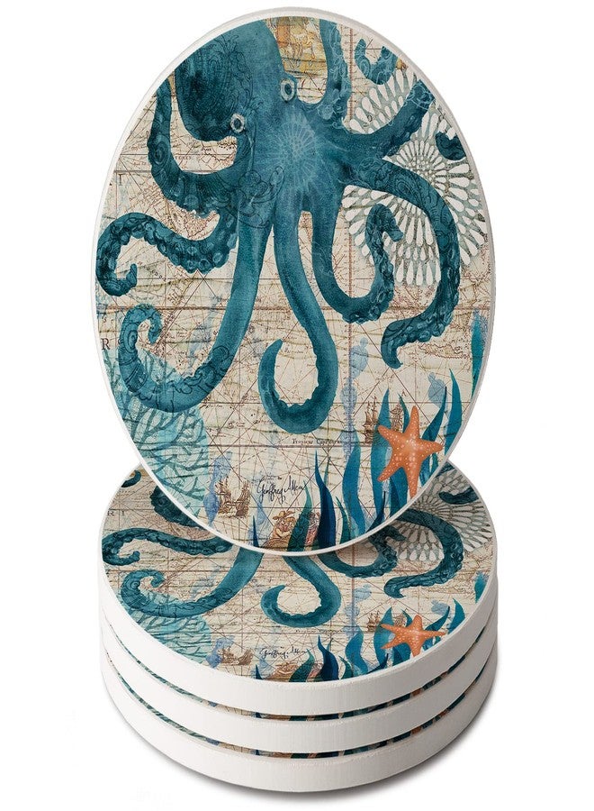 Counterart Monterey Bay Octopus 4-Pack Round Absorbent Stone Coasters with Protective Cork Backing Manufactured in The USA - Image 1