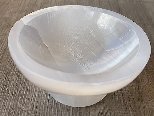 GAF TREASURES Gemstone Carved - 4" Diameter Selenite Crystal Polished Charging Bowl With Pedestal, Selenite Bowl On Stand - Image 2